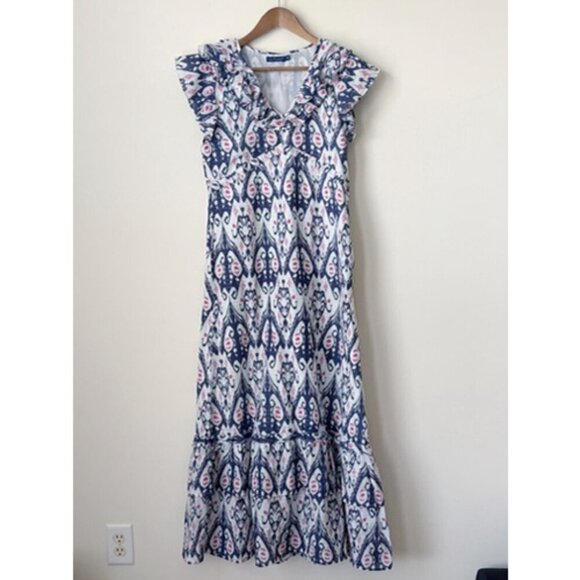 La Plage Sarah Ikat Print Maxi Dress XS Ruffle Navy Fuchsia - Picture 1 of 9